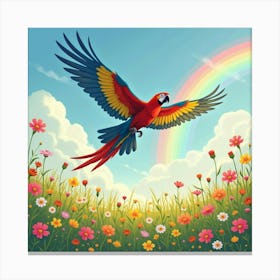 A Colorful Macaw Flying Through A Rainbow Filled Sky Over A Meadow Of Wildflowers Canvas Print