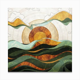 Straight and broken flowing lines and tree shapes, gold, sage, orange, lemon and brown calligraphy drawing in the form of a tropical ocean. 1 Canvas Print