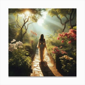 Woman In The Garden - Into the Garden: A woman in a flowing dress walking through a lush garden, with sunlight filtering through the trees and flowers blooming all around her. Canvas Print