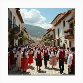 Spanish Village Festival With Lively Crowds And Traditional Costumes Canvas Print