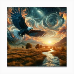 3 Dimensional Eagle Flying Over A Field Creek Sunset Clouds Swirling 3 Canvas Print