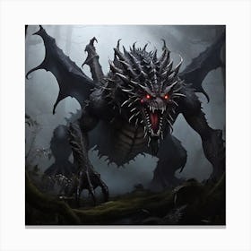 A giant monster hybrid of dragon and a spider, in a dark dense foggy forest Canvas Print