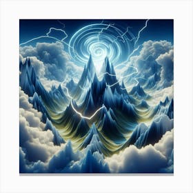 3 Dimensional Mountains With Multiple Green Lightning And White Swirls In A Vortex Of Clouds Canvas Print