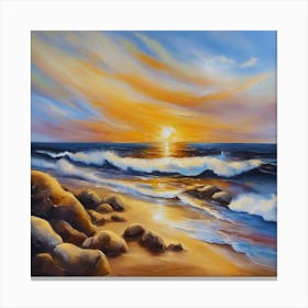 The sea. Beach waves. Beach sand and rocks. Sunset over the sea. Oil on canvas artwork.32 Canvas Print