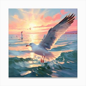 Seagull Soaring Near The Pale Blue Sea Capturing The Essence Of A Hot Sunny Day Through Pastels Canvas Print