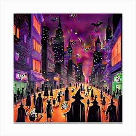 The Image Captures A Contemporary Halloween Scene Featuring A Bustling Urban Street Brightly Illumi (1) Canvas Print