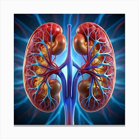 A 3D illustration of a pair of human kidneys, with detailed veins and arteries. Canvas Print