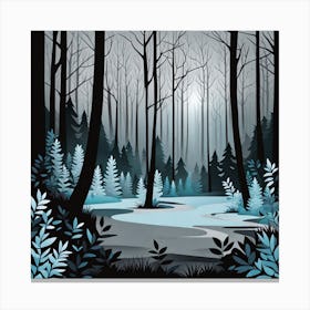 Forest At Night 1, Forest, sunset,   Forest bathed in the warm glow of the setting sun, forest sunset illustration, forest at sunset, sunset forest vector art, sunset, forest painting, sunset in winter, dark forest, landscape painting, nature vector art, Forest Sunset art, trees, pines, spruces, and firs, black, blue and white Canvas Print