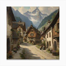 Village In The Alps. Oil Art. Canvas Print