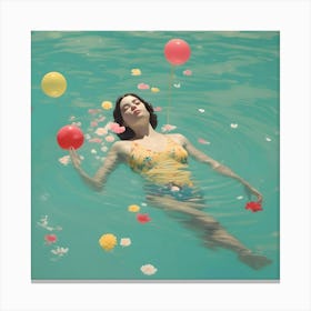 Woman Floating In Water With Flowers Canvas Print