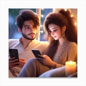 Couple Looking At Their Phones Canvas Print