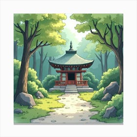 A Peaceful Shrine Nestled In The Forest, Painted In Soft Watercolor Shades 1 Canvas Print