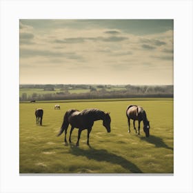 Horses Grazing In A Field Canvas Print