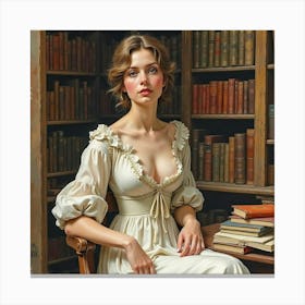 Elegant Watercolor Of An Italian Woman In A Historic Library Surrounded By Books Canvas Print