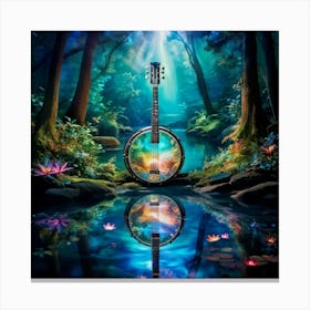 Enchanted Forest Scene With A Banjo Floating On A Still Body Of Water Reflections Forming A Kaleido Canvas Print