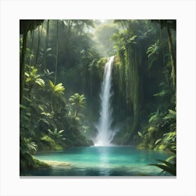 Waterfall In The Jungle paintings art print 6 Canvas Print