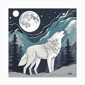Sticker Art Design, Wolf Howling To A Full Moon, Kawaii Illustration, White Background, Flat Colors, (4) 1 Canvas Print