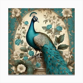 Turquoise Peacock Vintage Wallpaper With Leaves Art Print Canvas Print