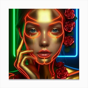 Neon Girl With Roses Canvas Print