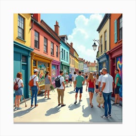 A Watercolor Of Locals Enjoying A Vibrant English Street Art Festival, With Colorful Murals 1 Canvas Print