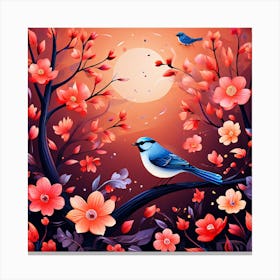 A Bright-Toned Design With Flowers And Leaves Trees And Birds A Beautiful And Simple Picture Bird In The Flower Canvas Print