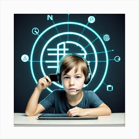 Young Boy With Headphones And A Laptop Canvas Print