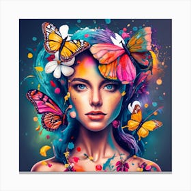 Beautiful Girl With Butterflies On Her Head Canvas Print