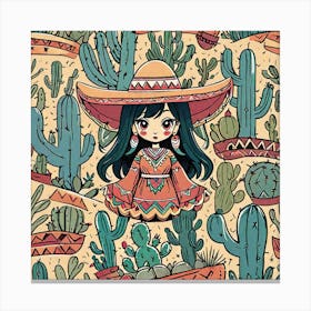 Mexican Girl With Cactus 1 Canvas Print