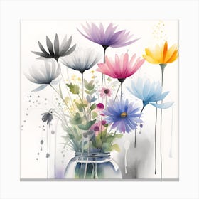 Watercolor Flowers In A Vase Monochromatic 7 Canvas Print