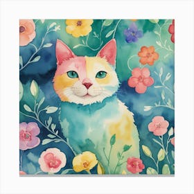 Colorful Cat With Flowers Canvas Print