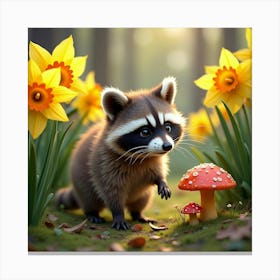 A Playful Raccoon Exploring A Garden Of Giant Daffodils And Glowing Mushrooms Canvas Print