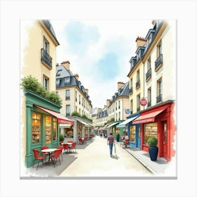 Watercolor Of A Parisian Street Scene With Charming Boutiques And Cafes 1 Canvas Print