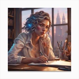 Girl Writing At Her Desk Canvas Print