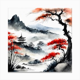 Japanese Landscape Painting Sumi E Drawing (4) Canvas Print