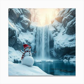 Snowman In Front Of Waterfall 1 Canvas Print