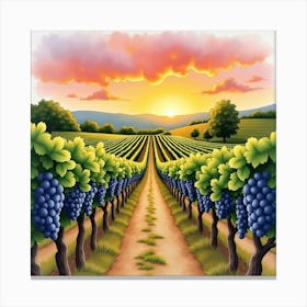 Watercolor Of A French Vineyard Sunset With Grapes And Rolling Hills 1 Canvas Print