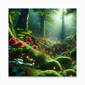 Mossy Forest With Fireflies Canvas Print