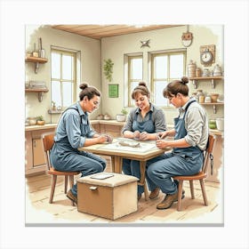 Watercolor Portrayal Of An English Craft Workshop With People Creating Handmade Items 1 Canvas Print