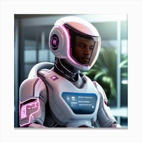 The Image Depicts A Alpha Male In A Stronger Futuristic Suit With A Digital Music Streaming Display Canvas Print
