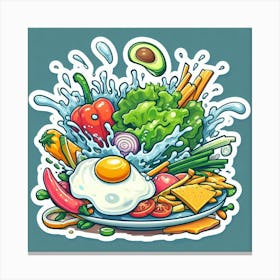 A Plate Of Food And Vegetables Sticker Top Splashing Water View Food 3 Canvas Print
