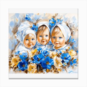Three Little Girls With Blue Flowers Canvas Print