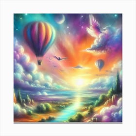 Dreamy Pastel Painting Of Hot Air Balloons Drifting Over A Fantasy Landscape, Style Soft Pastel Painting 2 Canvas Print