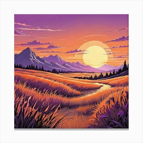 Summer Landscape Sunset In The Desert Cartoon Style Sunset Landscape With Grass Field And Trees (1) Canvas Print