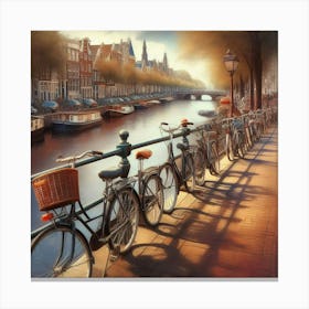 Bicycles Lined Up Along An Amsterdam Bridge In A Charming Digital Illustration, Style Digital Painting Canvas Print