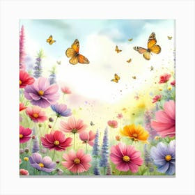 Colorful Flowers With Butterflies Canvas Print