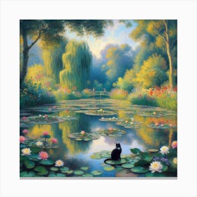 The Water Lily Pond with a Black Cat (Inspired by Claude Monet and Hffancy) Canvas Print