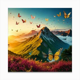 Firefly Mountain, Scenery, Nature, Sunrise, Butterfly, Wings, Paintbrush, Paints, Scattered, Small L Canvas Print