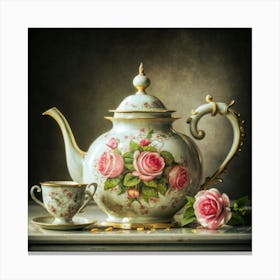 A very finely detailed Victorian style teapot with flowers, plants and roses in the center with a tea cup 7 Canvas Print