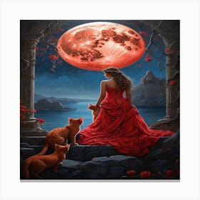 Red Moon With Cats Canvas Print