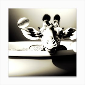 Giraffe In A Bathtub watercolor style cute, happy baby giraffe holding a bath brush and smiling in an old bathtub, with Bubble Bath, Canvas Print